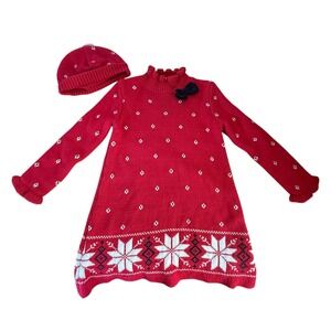 Rare Kids Girls Red Knit Sweater Dress Snowflake Pattern Bow Size‎ 4T